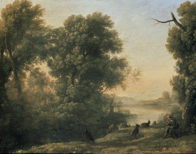 Goatherd Pipingのある川の風景、17世紀 作： Claude Lorrain